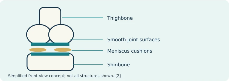 Simplified knee illustration showing the thighbone, joint surfaces, meniscus, and shinbone